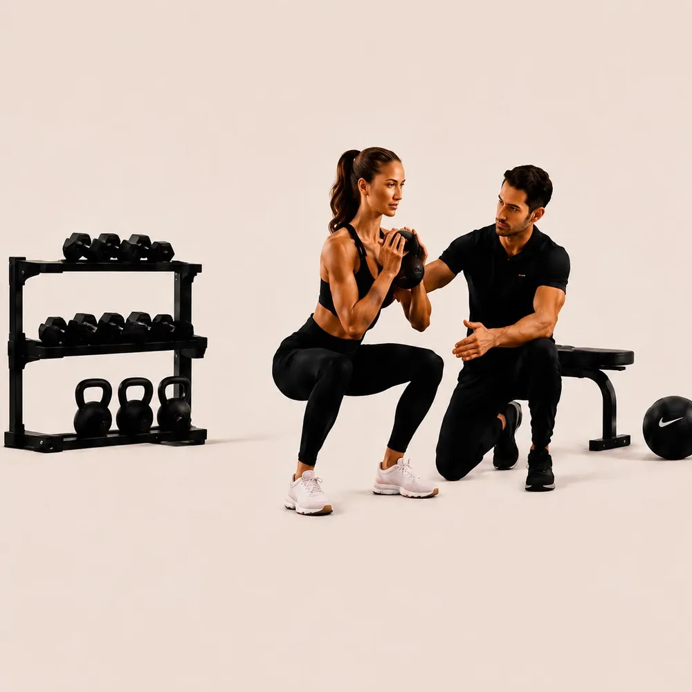 Entrenador personal guiando una sentadilla con kettlebell